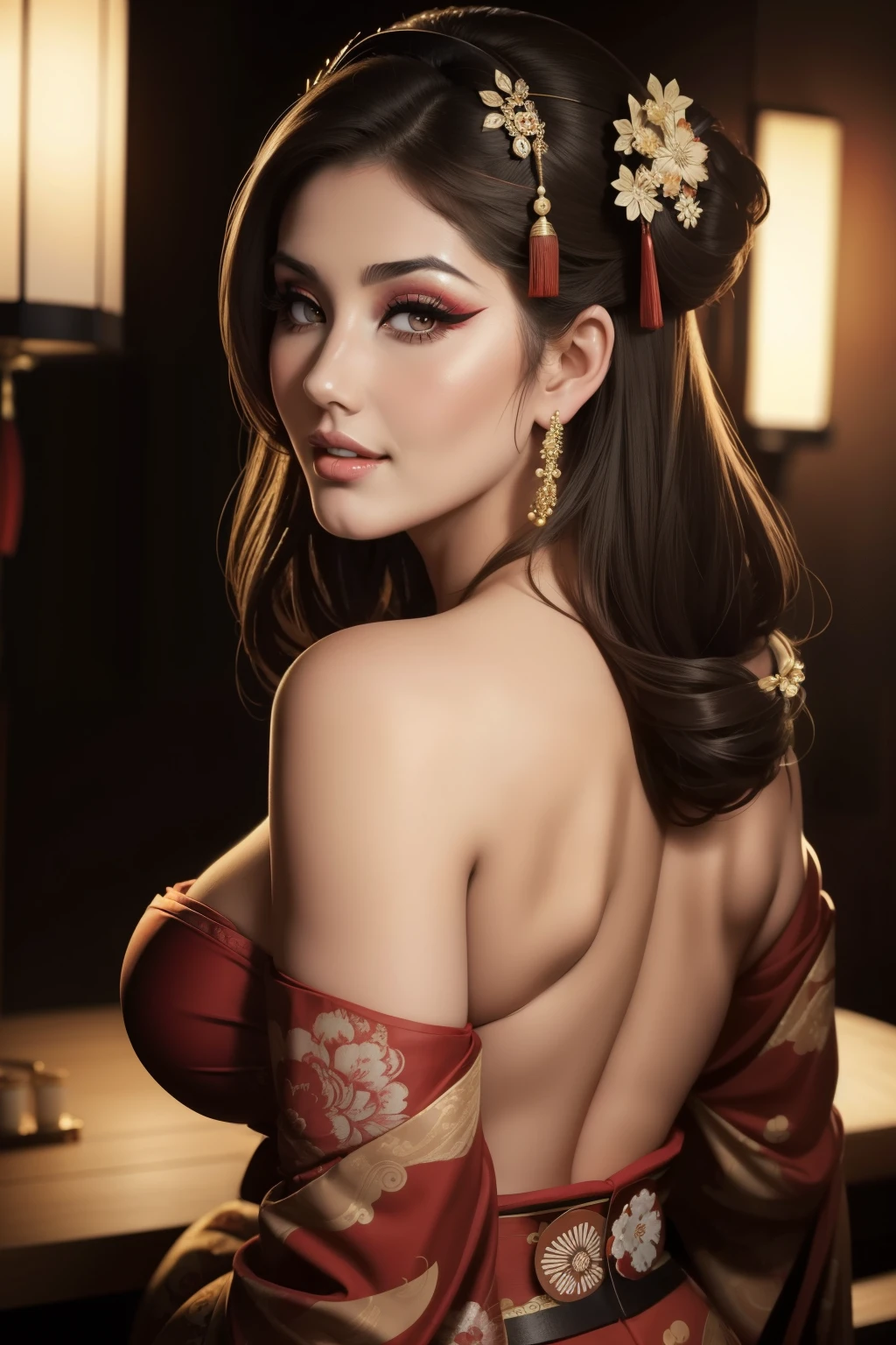 Lucy Pinder, neckline, face portrait, smiling, sexy woman, voluptuous woman, geisha´s makeup, GEISHA, ((vERY INTENSE MAKEUP)), Adele, BAck, beautiful buttocks