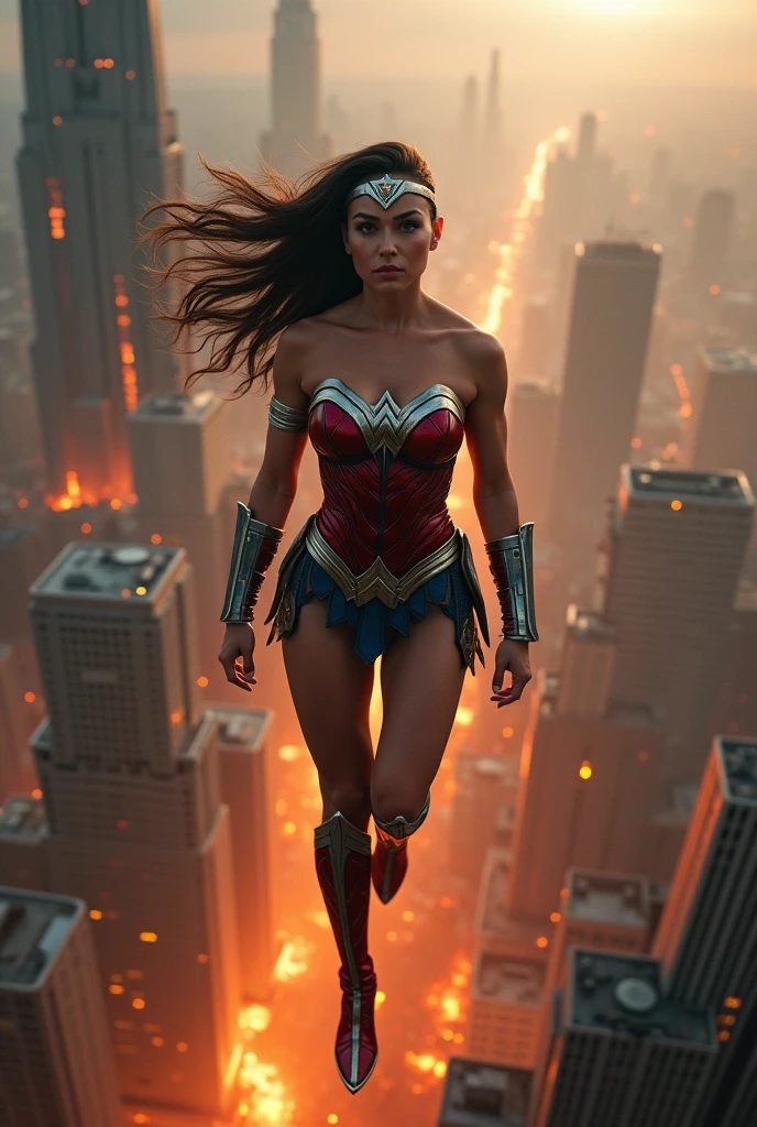 A beautiful woman with her head completely shaved or shaved wearing the costume of the Amazon warrior Wonder Woman (((Red and blue leather jumpsuit)))Silver colored diaema with a star on her forehead silver colored bracelets red leather boots long to her knees flying over an apocalyptic city skyscrapers on fire