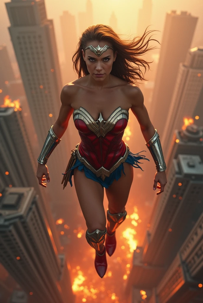 A beautiful woman with her head completely shaved or shaved wearing the costume of the Amazon warrior Wonder Woman (((Red and blue leather jumpsuit)))Silver colored diaema with a star on her forehead silver colored bracelets red leather boots long to her knees flying over an apocalyptic city skyscrapers on fire