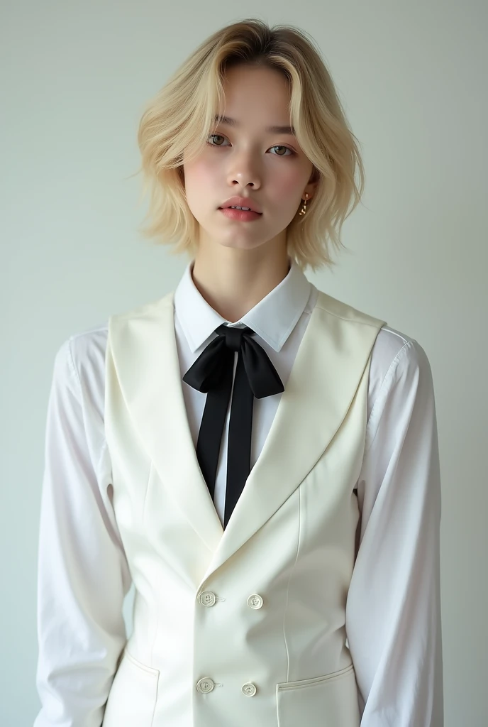 Professional studio image of a young femboy with delicate features and blonde hair covering his forehead, leaving his eyebrows showing a little.. Wearing a white long-sleeved shirt and a white dress vest with a black bow on top.