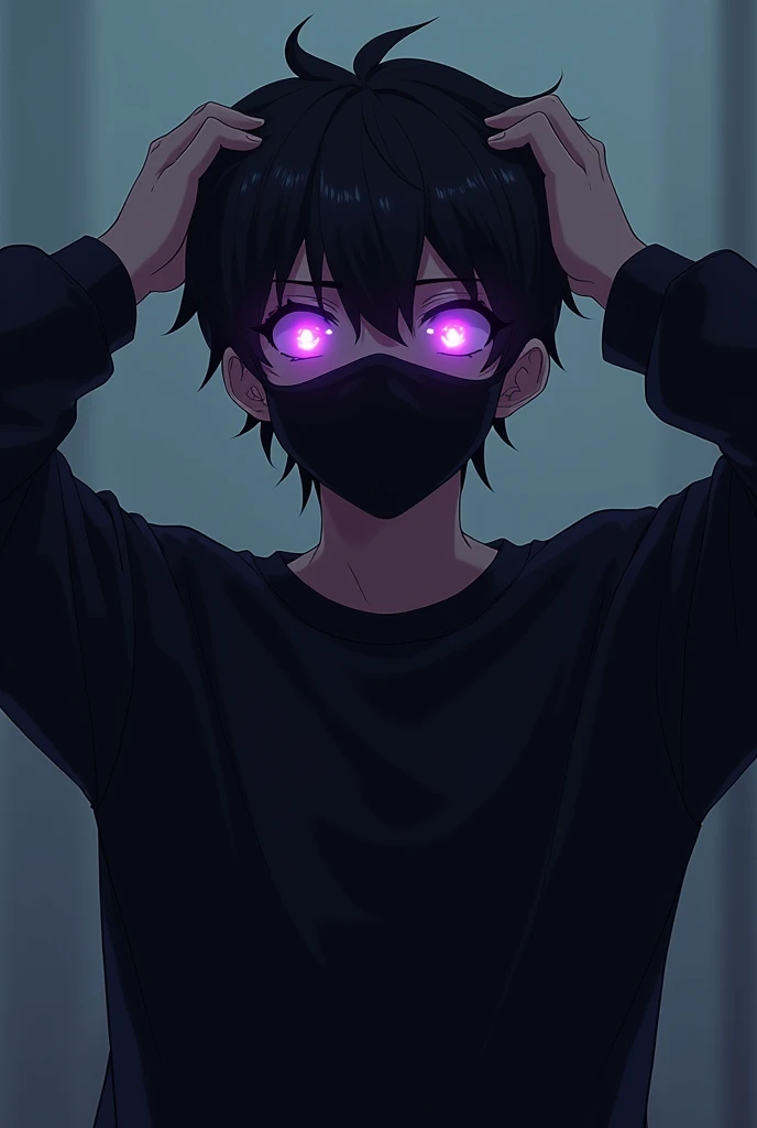 19 year old boy with purple glowing eyes and slightly spiky hair with an evil and intimidating look with a black sweatshirt and a black mask covering his nose and mouth , he is fixing his hair with his hands, 2D Anime .