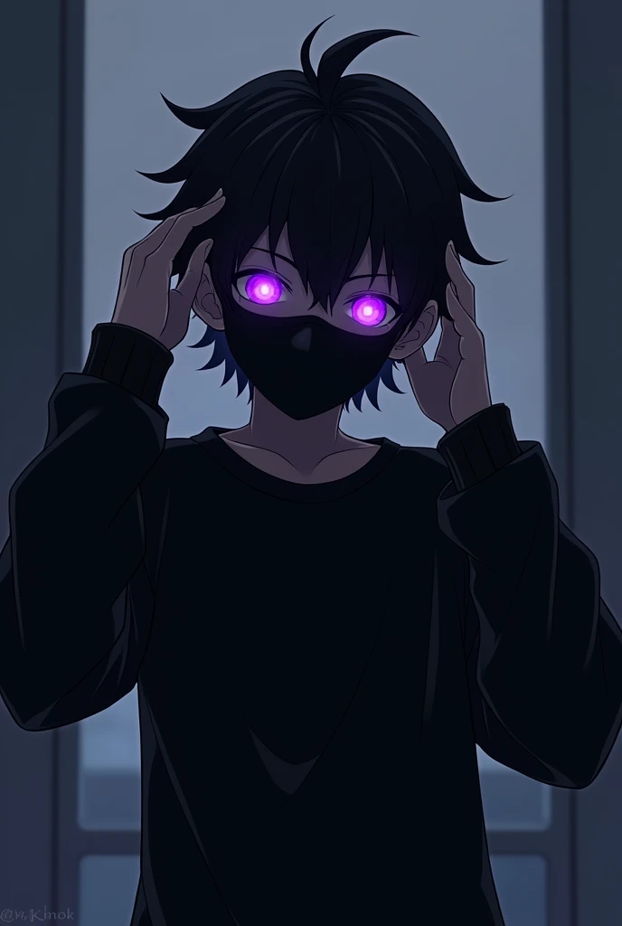 19 year old boy with purple glowing eyes and slightly spiky hair with an evil and intimidating look with a black sweatshirt and a black mask covering his nose and mouth , he is fixing his hair with his hands, 2D Anime .