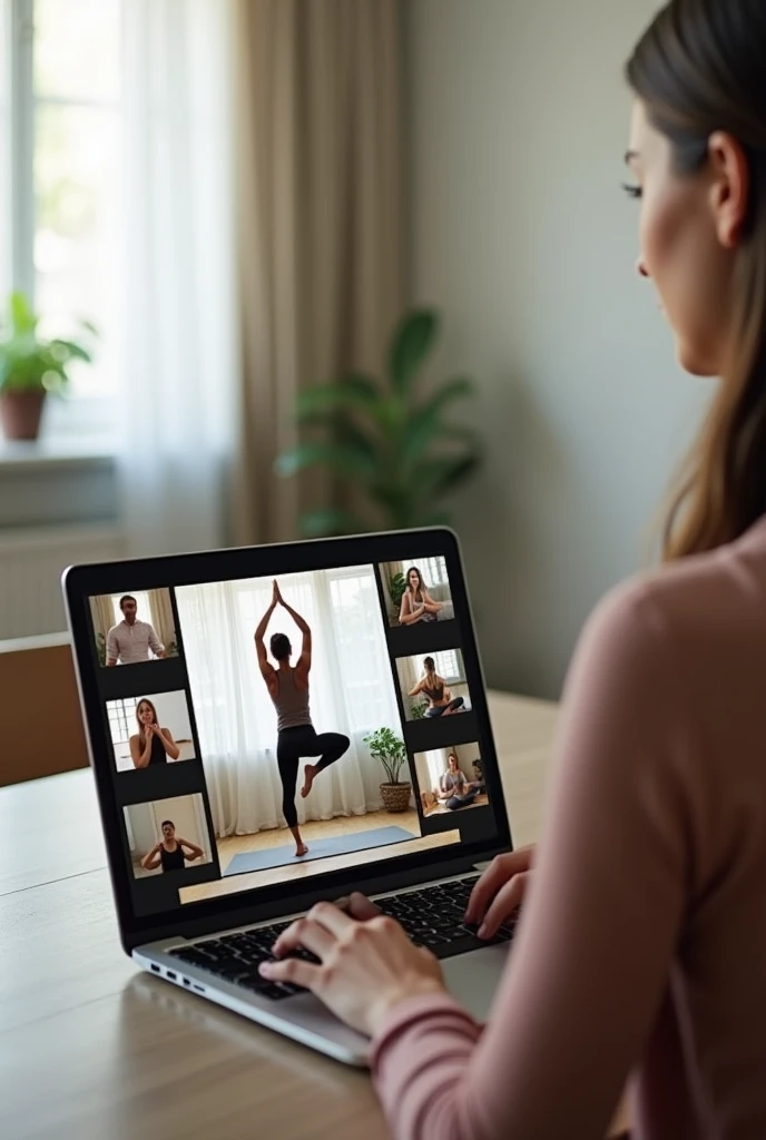 Group online yoga classes ,show teacher teaching adavance asana while sitting in front of laptop using Google meet to there students they all joined through their personal Google meet show multiple students in the laptop