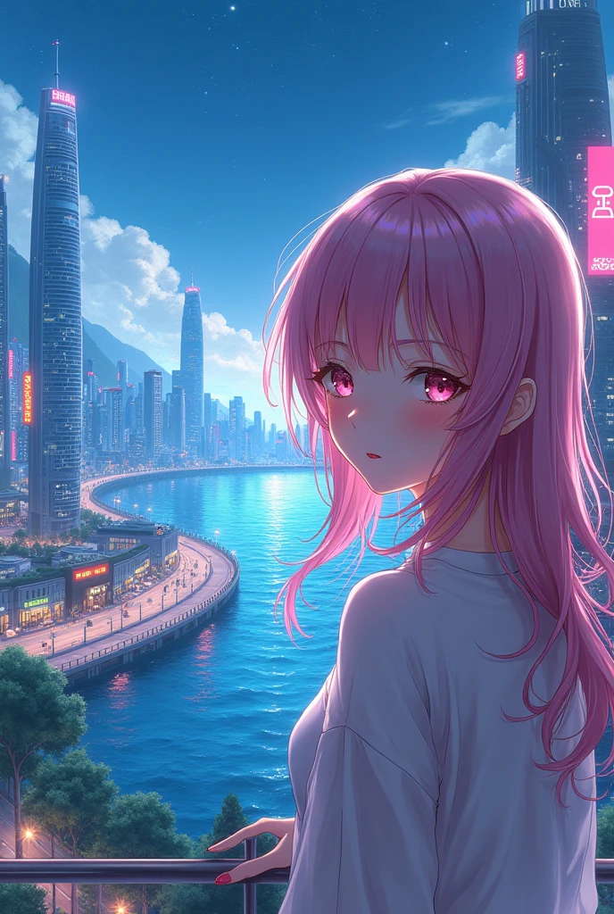 Anime girl in a city with a seascape in the background