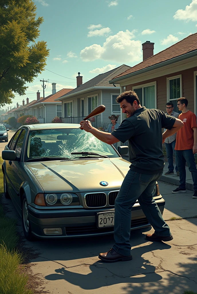 A 45-year-old bald man wearing a white t-shirt and blue jeans is holding a cow leg bone shaped like a hammer. The man is aggressively striking the driver's side window of a black 7-seater car with the bone. The driver inside the car looks terrified, and the window where the man is hitting shows several cracks.