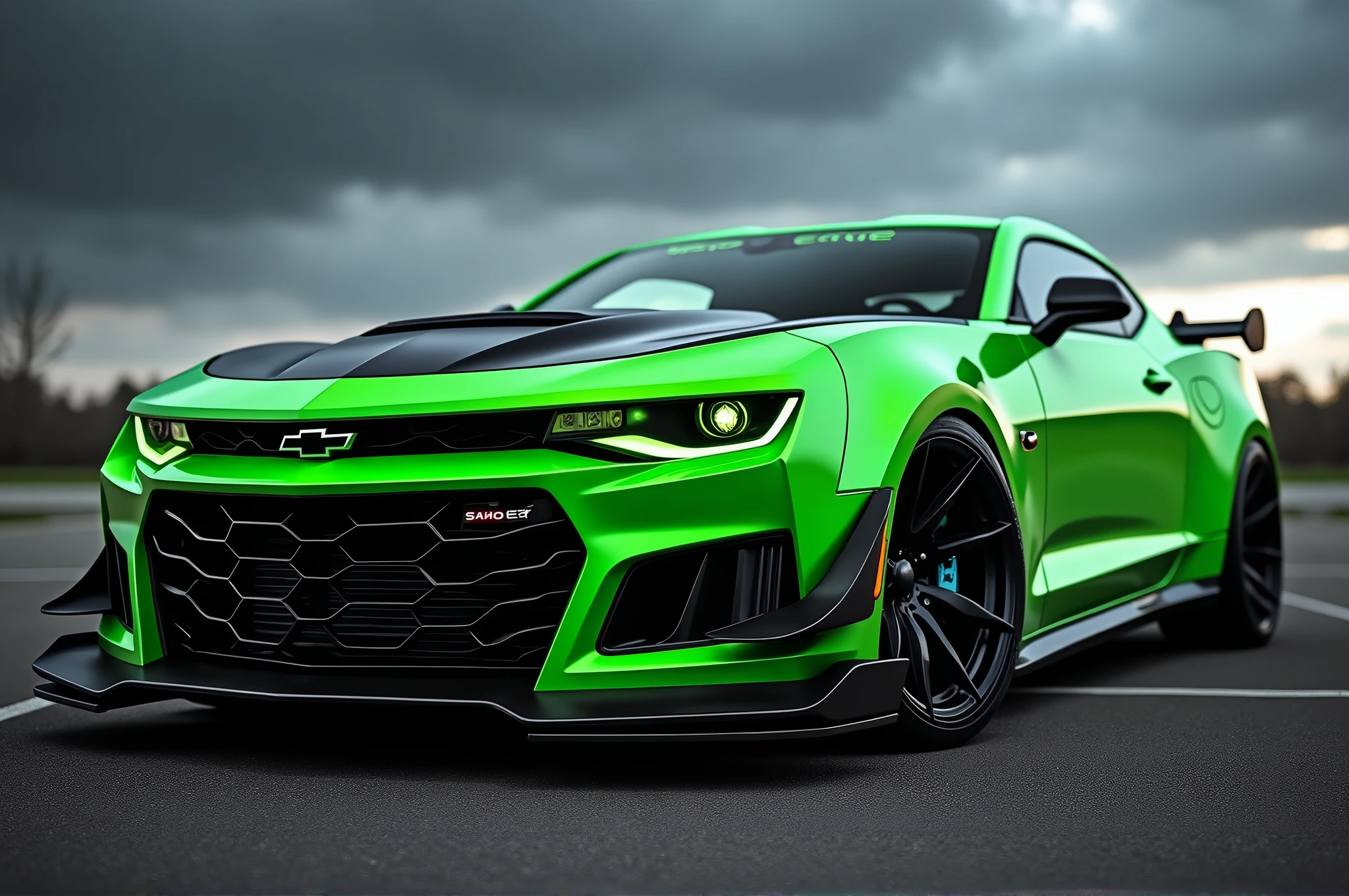 A powerful and captivating image of a Camaro ZL1 with a striking green and black color scheme. The car's body is covered in a bright, vivid green, while aggressive black accents on the grille, wheels, and performance elements create a bold contrast. The dark, moody sky serves as a dramatic backdrop, and the glowing green headlights appear like menacing eyes, ready to spring into action 