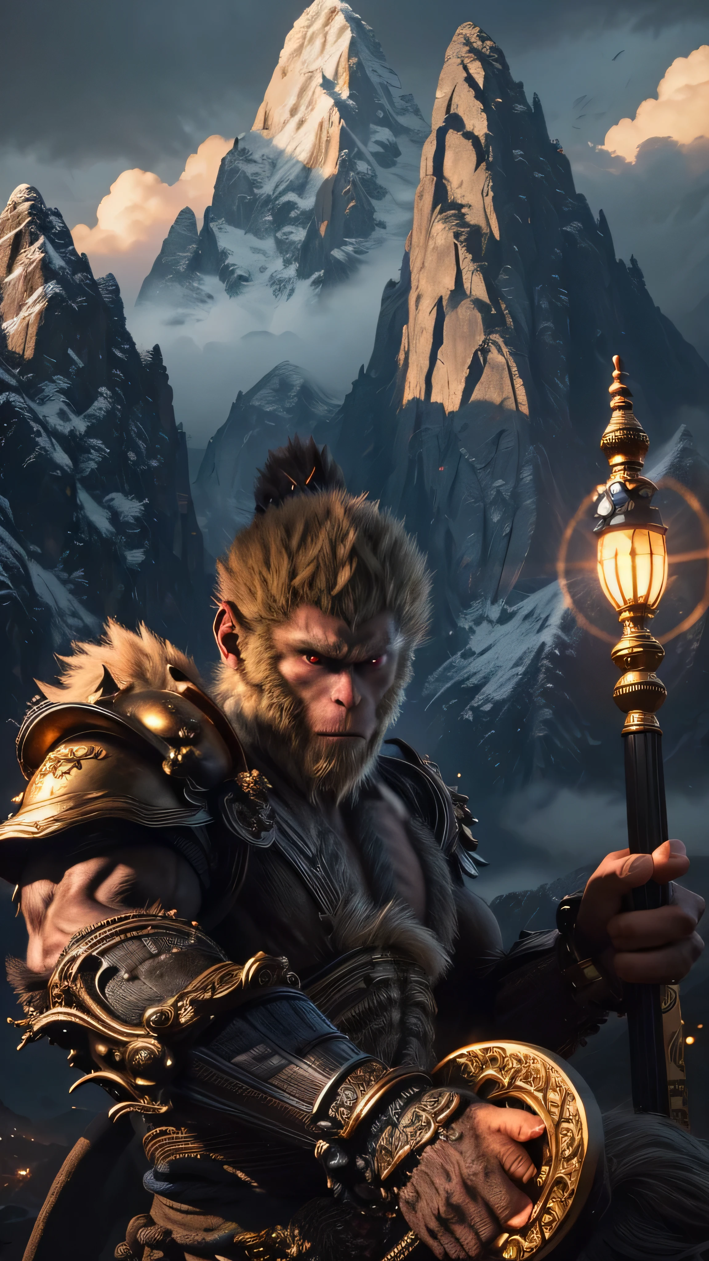(((best quality))),(((Very detailed))),(((masterpiece))),illustration,wukong \(black myth\) ,Determined expression,Glowing eyes,golden staff,mountain peak,craggy mountains,Sunlight,cloud,close up,Heroic Stance