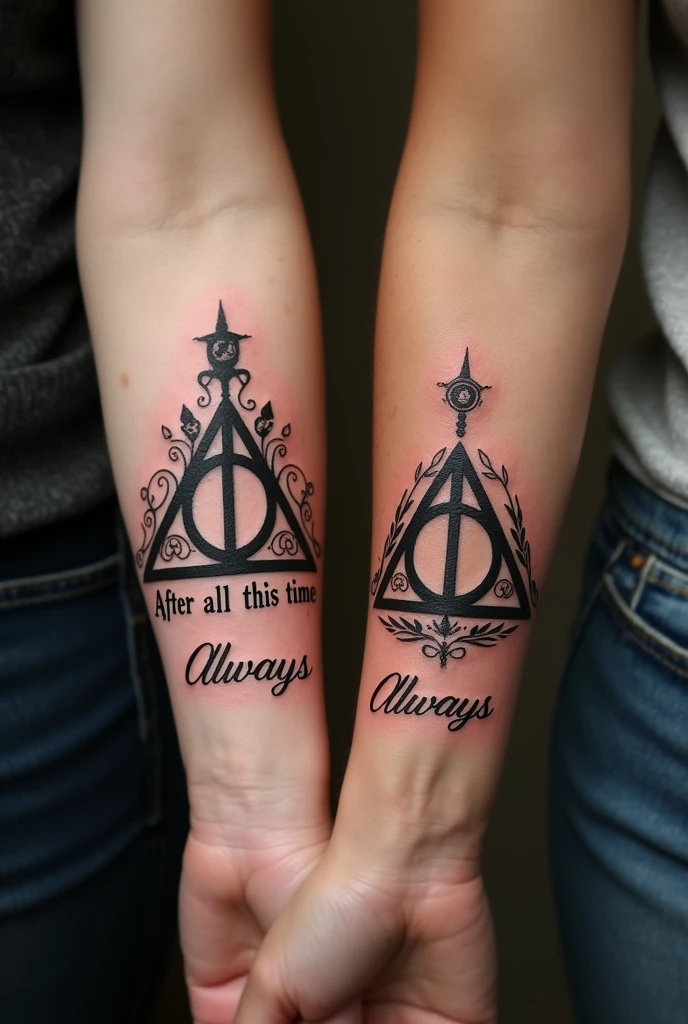 Create a couple tattoo with the deathly hallows of harry potter where one says in the middle after all this time and the other says always