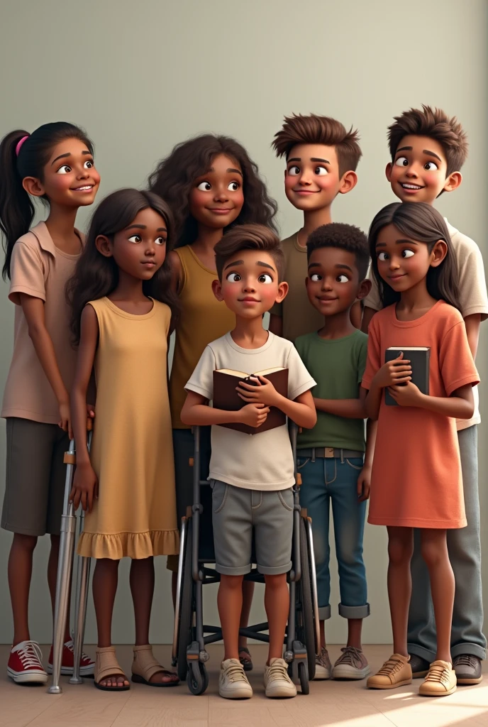 white children,brunettes,black, on crutches,wheelchair, all holding a bible