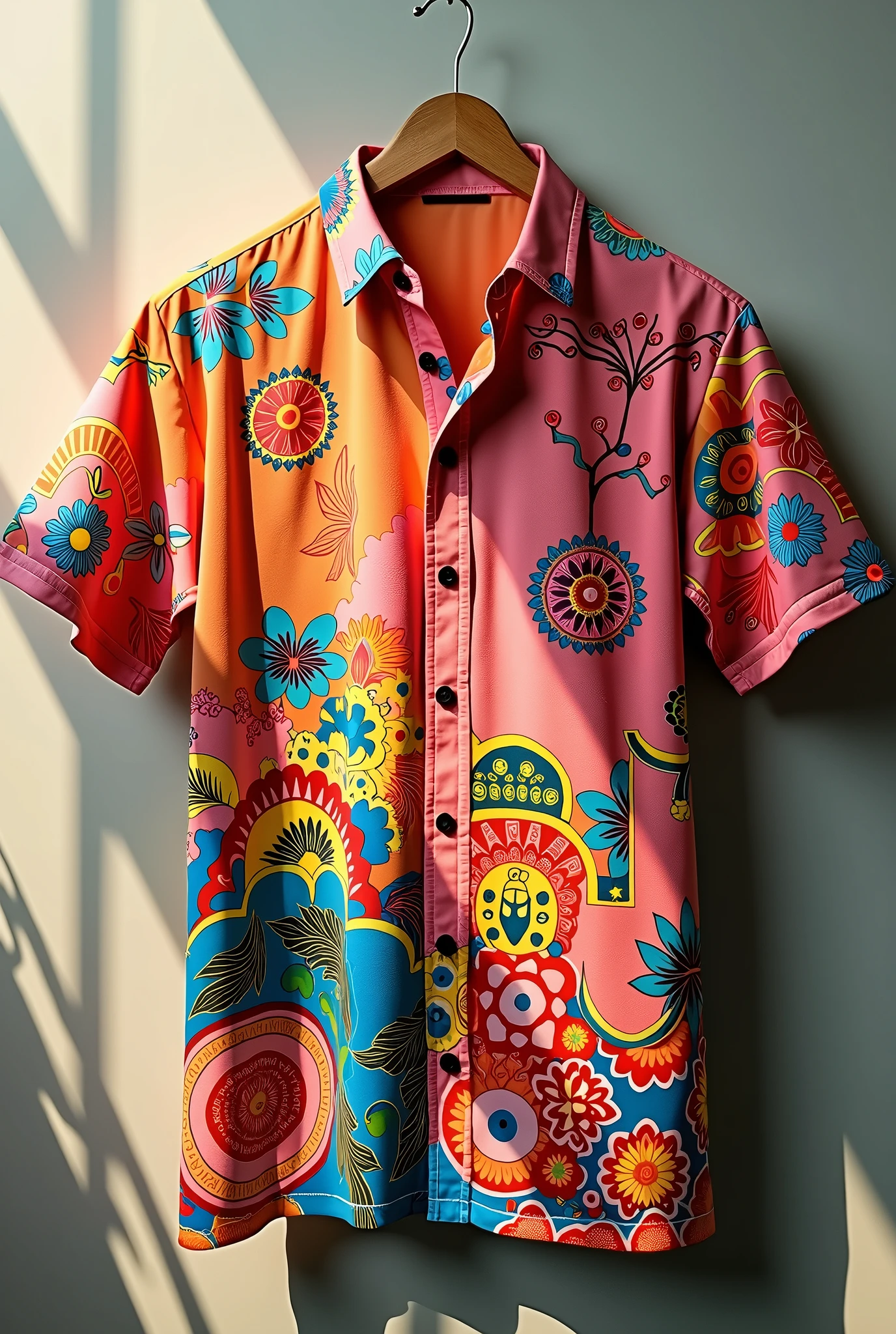 Shirt containing cultures and arts of the Philippines. The base color of the shirt is variation of Orange, white, and Pink