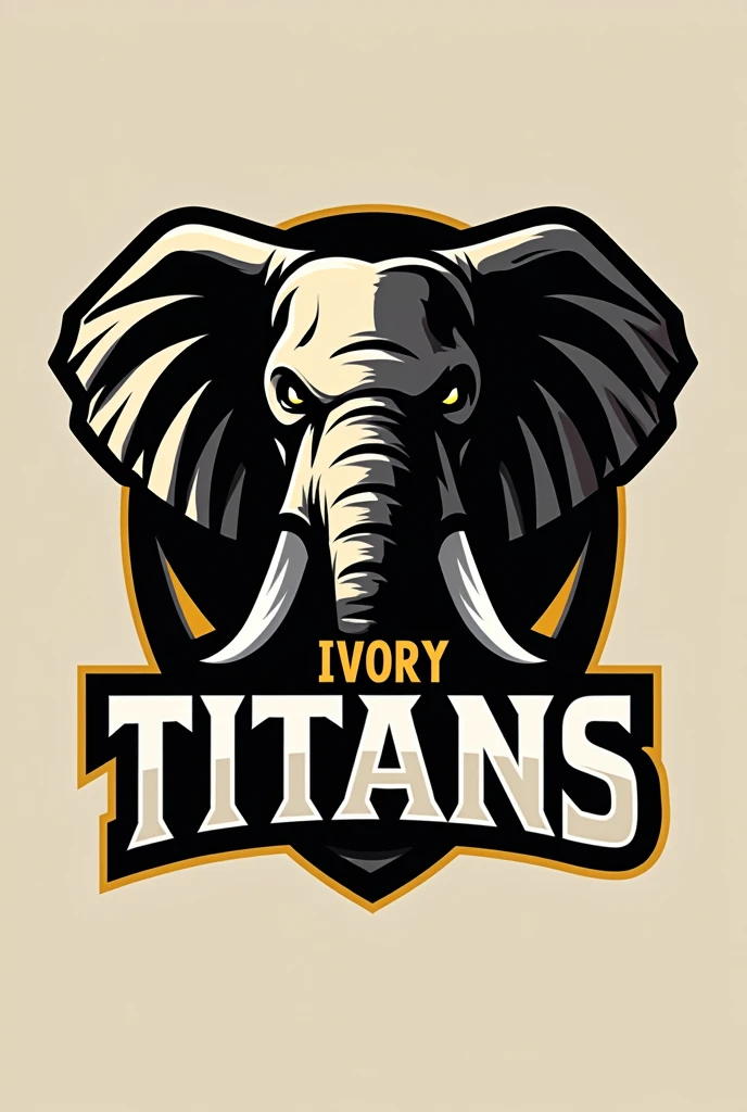Create a photo of the logos for a sports team named ivory titans with a black gold and white color scheme with ivory titans written below it with an elephant head in it