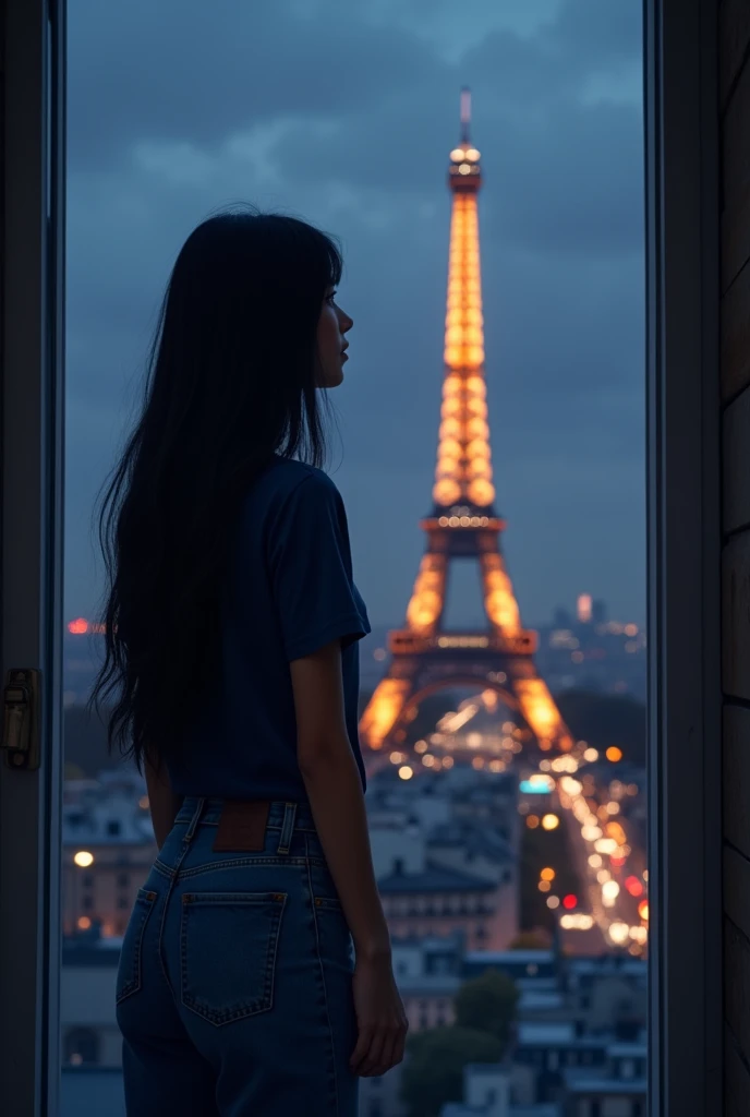 Girl  , 163 height , 57 kg healthy , long black hair, blue loose jeans , dark blue t-shirt , at night in the dark in paris looking back at the elfel tower from the window


