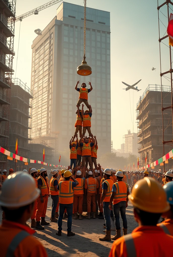 Design an image depicting a large commercial building under construction, with workers forming a human pyramid in a Dahi Handi celebration. The commercial building should be the central focus, showcasing its modern design and the ongoing construction work, including scaffolding, cranes, and workers.
In the foreground, the Dahi Handi pot is suspended at a high point, either by a crane or from the building itself. The workers, dressed in construction gear, are forming a human pyramid to reach the pot, symbolizing teamwork, determination, and the spirit of celebration within the construction environment.
The surrounding area should include typical construction site elements such as trucks, cranes, and materials, with festive decorations like colorful flags and garlands adding a vibrant, celebratory atmosphere. The lighting should evoke a warm, golden-hour ambiance, enhancing the overall festive and cinematic feel of the image.
Ensure that the image includes a space for the company’s logo, possibly in one of the corners, to integrate branding while maintaining the balance between the construction theme and the Janmashtami festival.