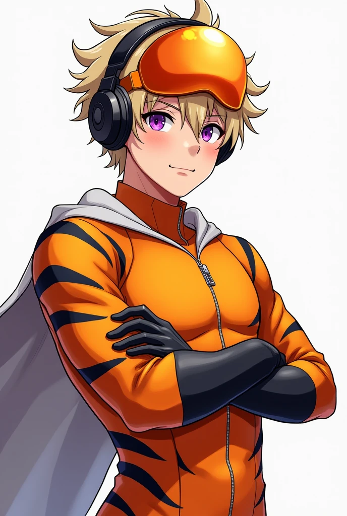 Draw in 2D anime style, A boy, that is husbando, that has ash blonde hair, that has violet eyes, has headphones, dressed in comic book hero clothes with a tiger look, Boku no Hero Academia hero costume, that his orange suit has black stripes, that looks like a dynamic pose, Let it be a heroic pose, have a confident smile, that has a hero helmet with an orange visor, that has messy hair, that has short hair, Make it look more manly, adult, smiling