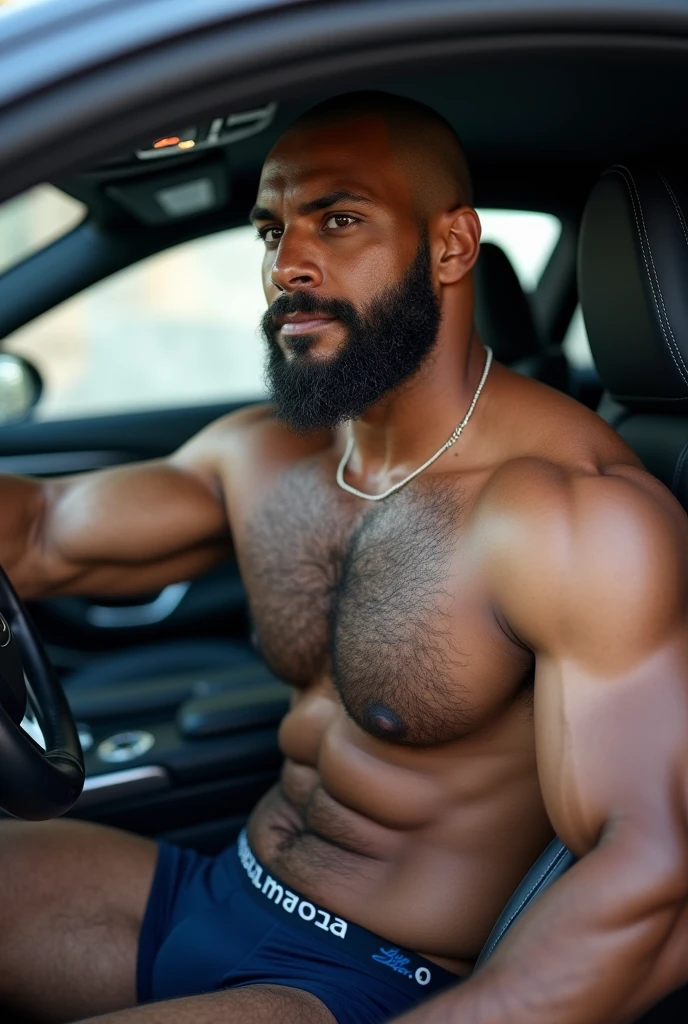 Strong hairy and bearded mixed race man inside a luxury car, driving, in navy blue underwear.