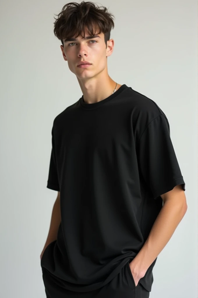 Create a common looking male model, wearing a plain black streetwear style t-shirt.