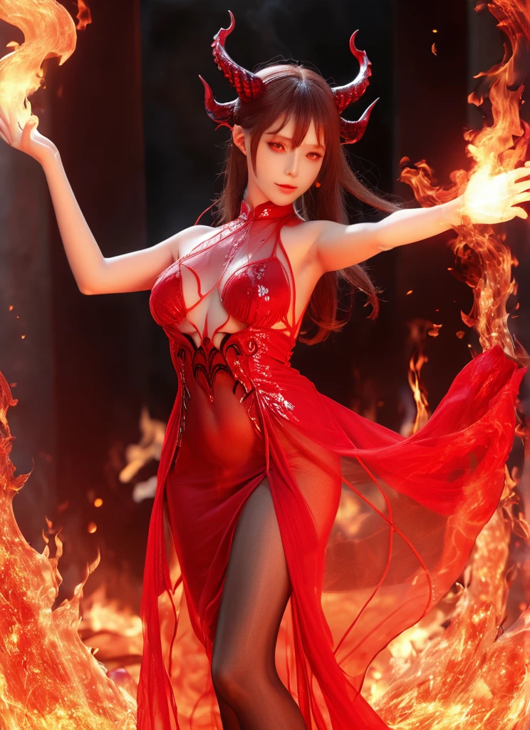 (NSFW:-1, Exposed:0.75), (((nipple:-1, horns:-1, abnormal limbs:-1, fire hair ornament))), (bokeH, Acutance:0.85, Ultra-detailed:1.35), (Masterpiece, best quality, highres, realistic:1.37), (sexy Ifrit clad in flames with aura:1.28), (all outfits made of flames), (many colorful lights and sparks in blurred background:1.2), detailed gaze, seductive lips, alluring pose, mesmerizing atmosphere . BREAK  (Luminous Particles:1.15), full of fire covering and surrounding whole Body, filled with flames, ruins, fiery Sky, a cigarette hold in mouth .