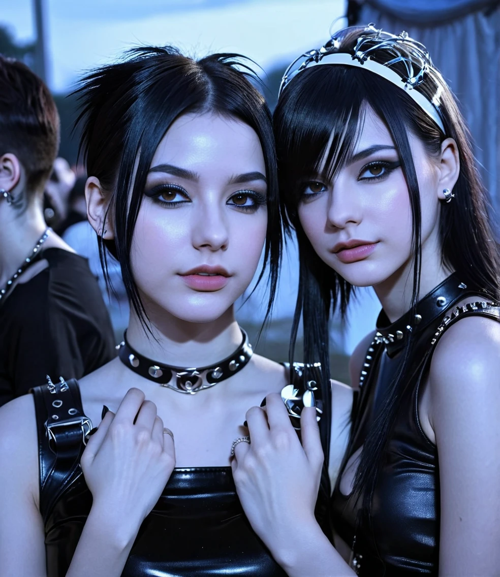 two pretty gothic punk girls at a rock party with night sky, BDSM collar, lean and slender bodies, straight black hair down to the shoulders, shoulders outside, Caucasian skin, black dark brown eyes, beautiful and young face, photo realist, professional photograpy, perfect contours, majestic and elegant women, best qualityer, hight contrast, high saturation, High- sharpness, Ablaze