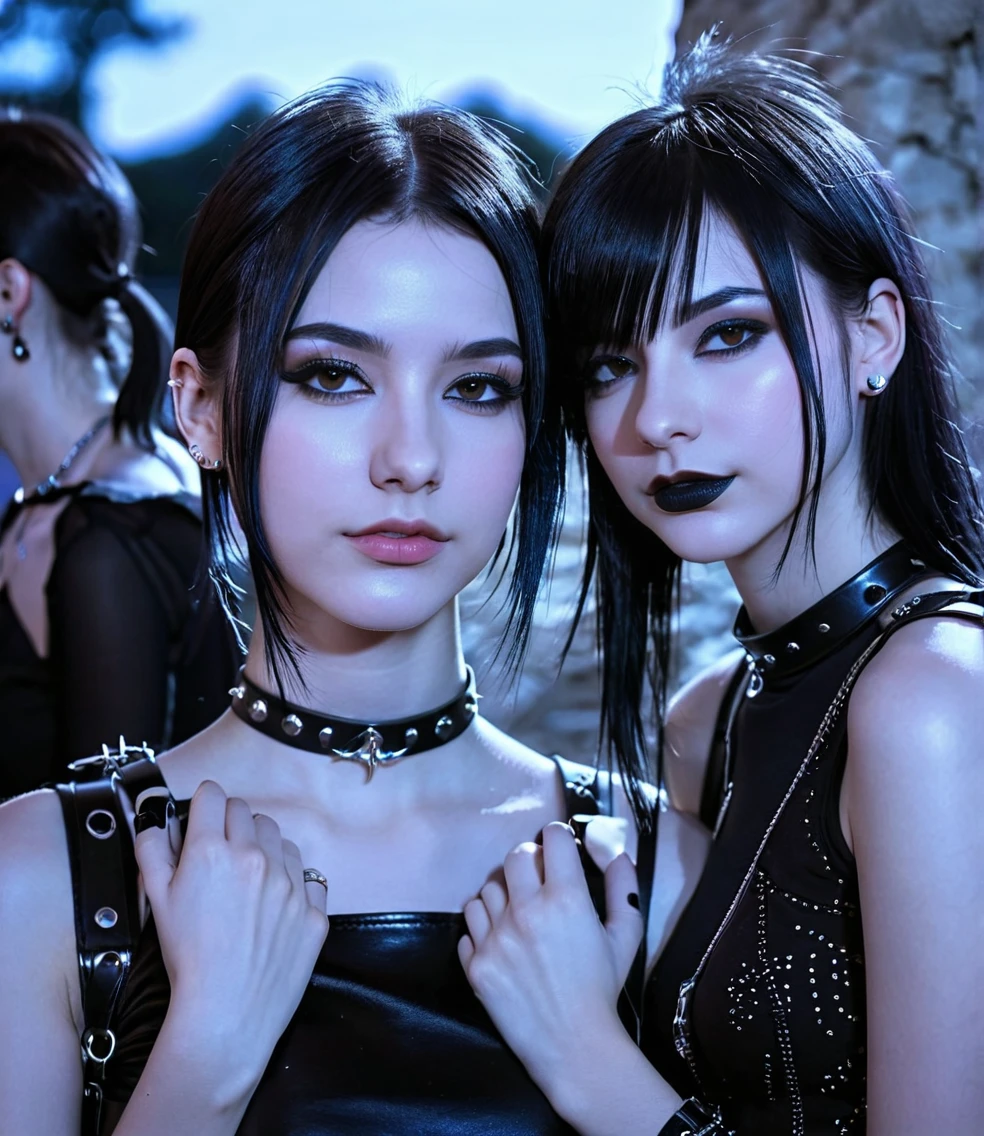 two pretty gothic punk girls at a rock party with night sky, BDSM collar, lean and slender bodies, straight black hair down to the shoulders, shoulders outside, Caucasian skin, black dark brown eyes, beautiful and young face, photo realist, professional photograpy, perfect contours, majestic and elegant women, best qualityer, hight contrast, high saturation, High- sharpness, Ablaze