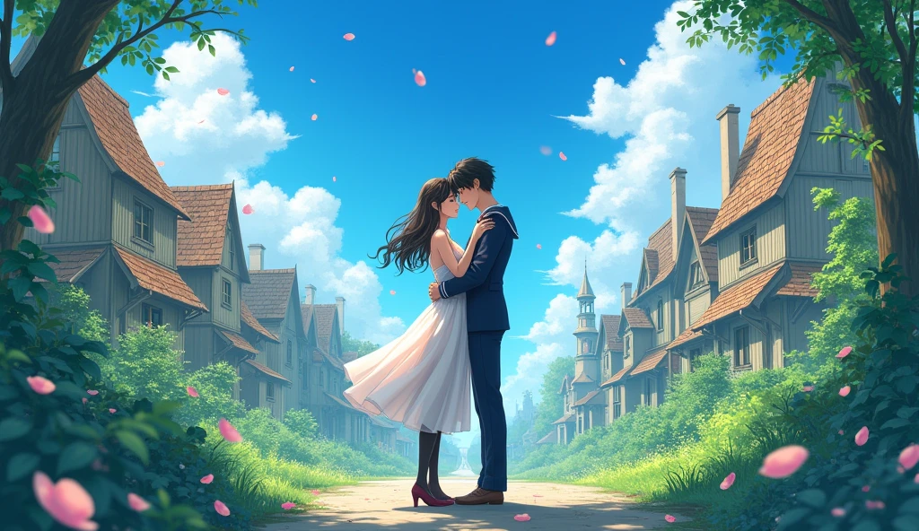(masterpiece), town, blue sky, Sailor suit、Long skirt, Overgrown, petal, plant、Skirt lining、Translucent slip、nostalgic、Black Pantyhose、man and woman kissing