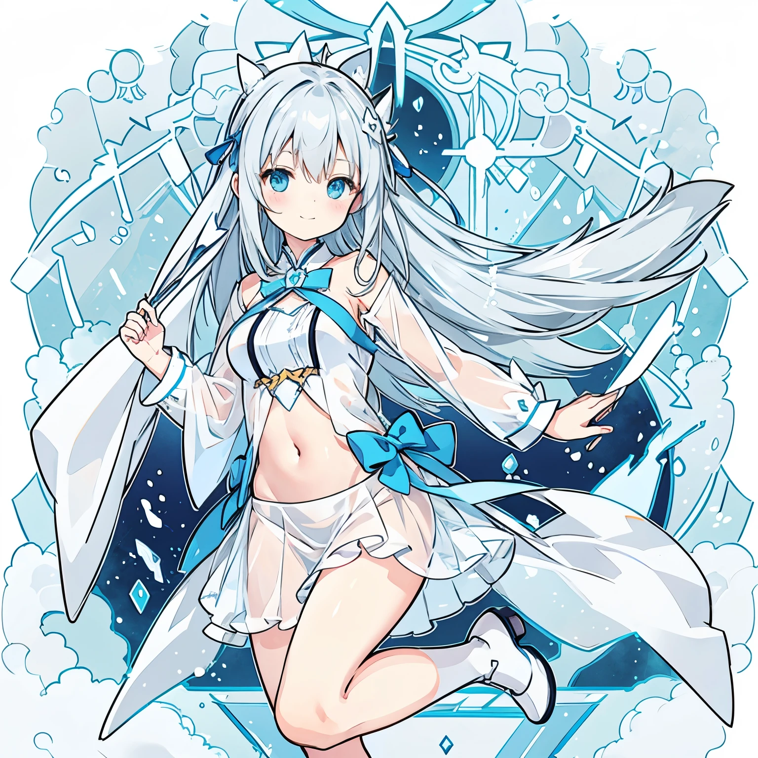 One person 小さいBody長 低Body長 Baby Face cute Light gray hair Long Hair Blue colored eyes Magical girl witch Body 全Body shoes Big Tits Big Breasts Sheer clothing Embarrassed A little smile a shirt with a triangular hole in the stomach Transparent hair A long, transparent skirt that is hidden at the front Transparent ribbon Overall, mostly white and transparent