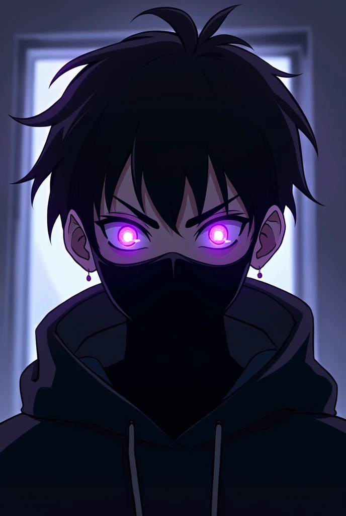 19 year old boy with purple glowing eyes and slightly long, slightly spiky hair with an evil and intimidating look with a black sweatshirt and a black mask covering his nose and mouth , 2D Anime .