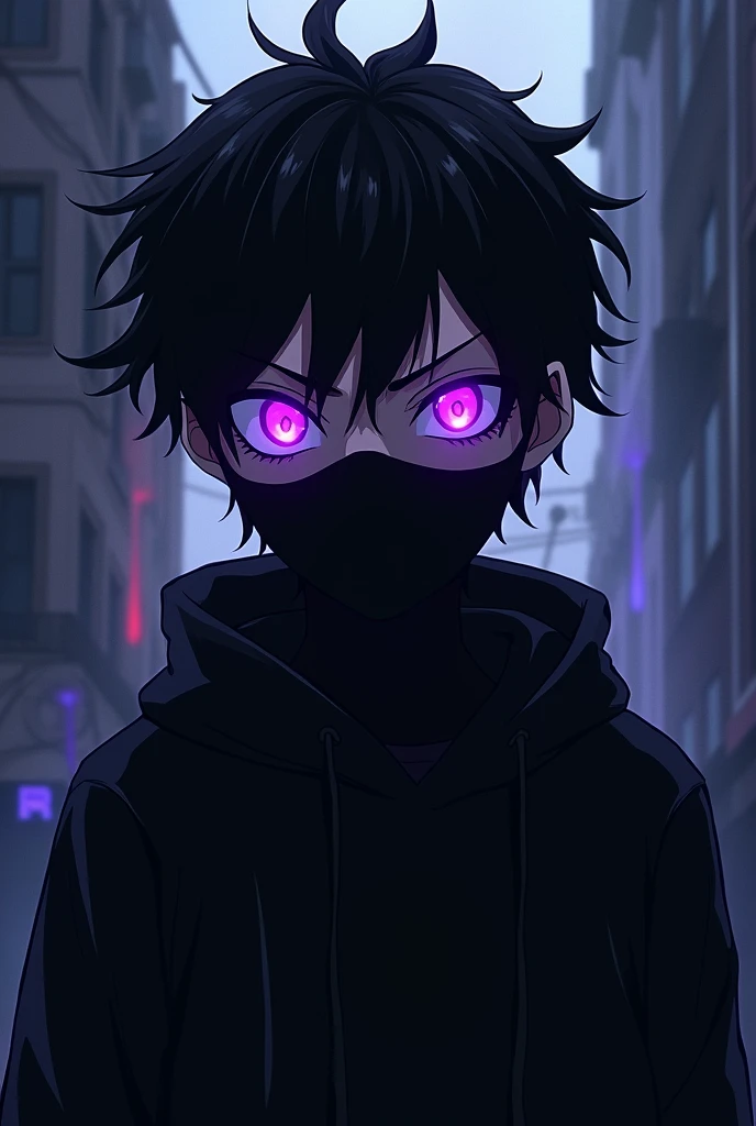 19 year old boy with purple glowing eyes and slightly long, slightly spiky hair with an evil and intimidating look with a black sweatshirt and a black mask covering his nose and mouth , 2D Anime .