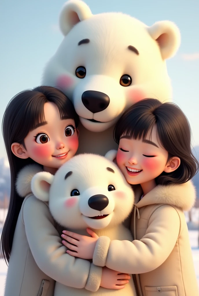 create pixar style image of a polar bear and three people with it, a young woman with long dark brown hair and bangs and brown eyes , another young woman with short black hair and she has blue eyes and a Korean black hair and wears bangs, everyone is hugging the polar bear, smiling and waving goodbye with their hands, face only image 