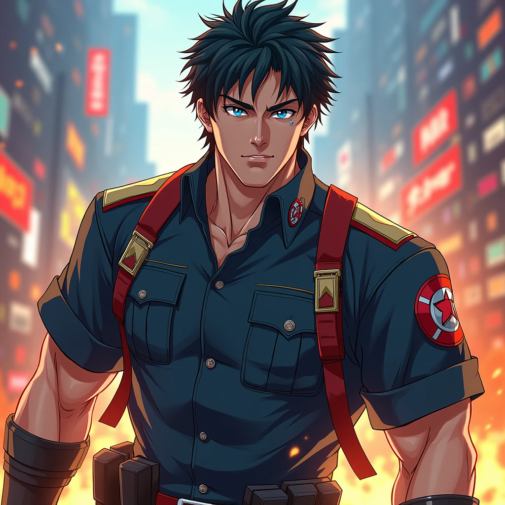 male,blue eyes, muscle,handsome black hair, Self-Defense Forces anime style,