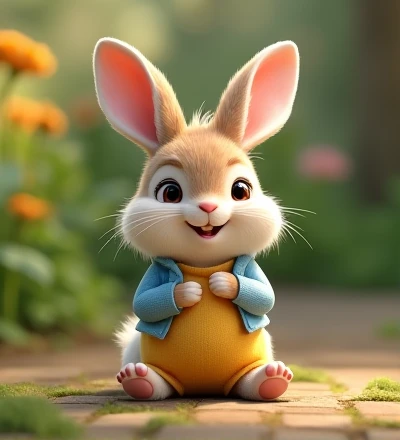 Imagine a lifelike little rabbit with humorously exaggerated features, oversized, dressed in cute clothes, bright eyes and curiosity, smiling, frontal image, smiling bunny, Disney style, capturing natural textures, although its little paws are slightly larger, they are even cuter. The background is a simple garden, with a focus on natural colors and some green plants, creating