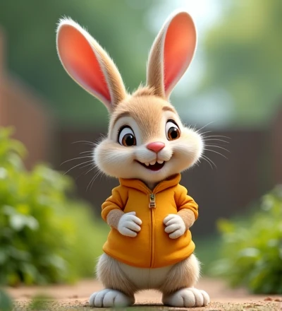 Imagine a lifelike little rabbit with humorously exaggerated features, oversized, dressed in cute clothes, bright eyes and curiosity, smiling, frontal image, smiling bunny, Disney style, capturing natural textures, although its little paws are slightly larger, they are even cuter. The background is a simple garden, with a focus on natural colors and some green plants, creating
