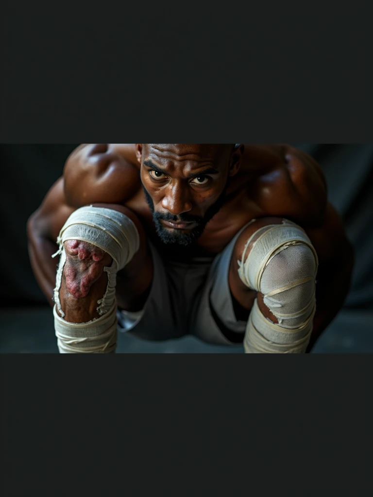 "A close-up shot of Kamaru Usman’s severely damaged knees, emphasizing the scar tissue and inflammation. The knees are wrapped in bandages, with a stark contrast between his muscular upper body and his weakened legs. The lighting is harsh, highlighting the pain etched on his face as he contemplates the constant struggle