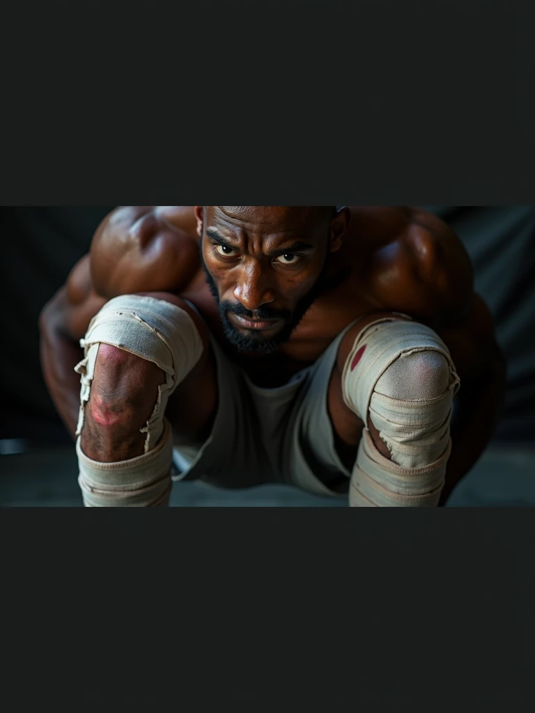 "A close-up shot of Kamaru Usman’s severely damaged knees, emphasizing the scar tissue and inflammation. The knees are wrapped in bandages, with a stark contrast between his muscular upper body and his weakened legs. The lighting is harsh, highlighting the pain etched on his face as he contemplates the constant struggle