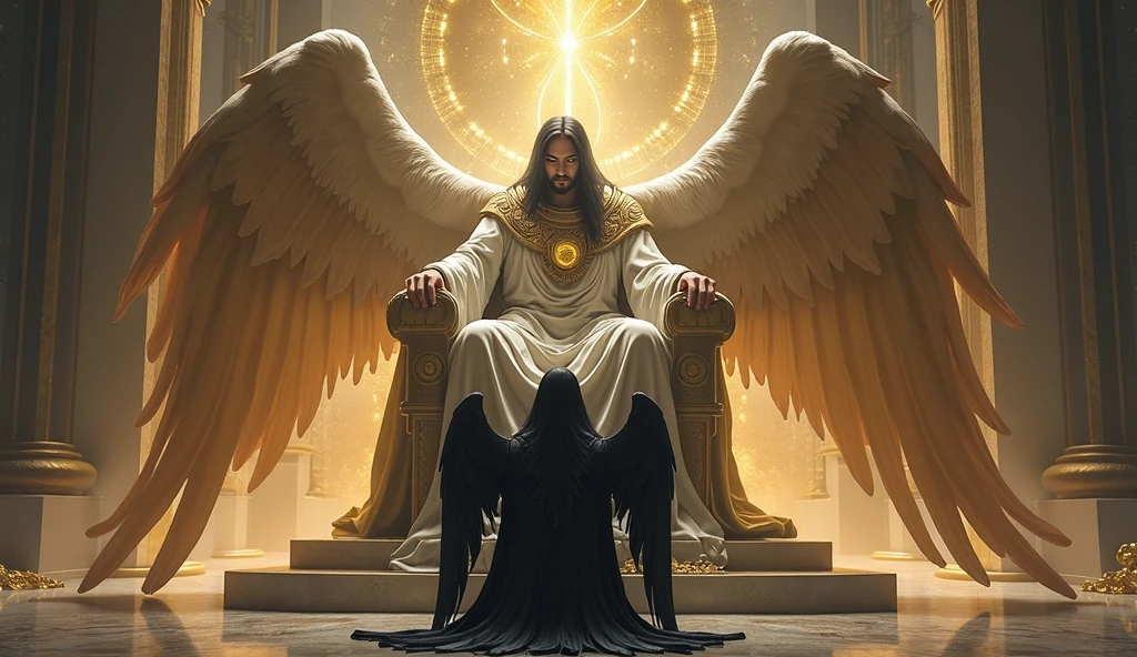 GOD on a throne with a kneeling BLACK ANGEL , AT YOUR FEET