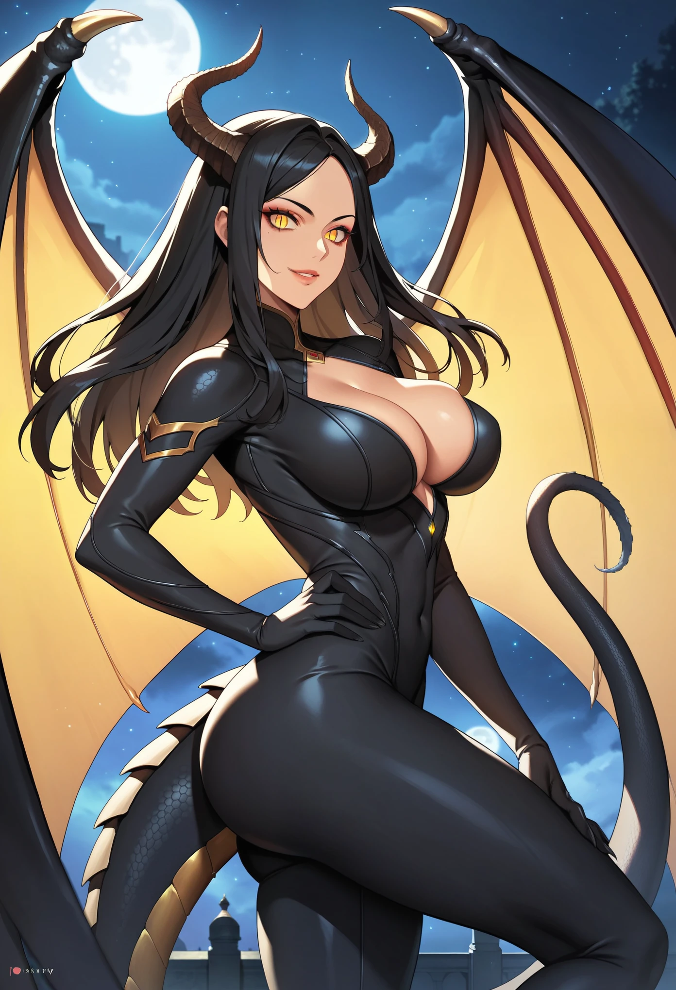 , score_9, score_8_up, score_7_up, score_6_up, BREAK source_anime, best quality, masterpiece, 1girl, black dragon girl, onyxia, makeup, mascara, lips, white skin, black clothing, black full skinysuit, one-piece bodysuit, black bodysuit, voluptuous, black hair, long hair, yellow-eyes, horns, slit pupils, black dragon wings, black dragon tail, big large breasts, evil smile, seductive, looking at viewer, night sky, post-apocalypse, crumbling city on background, late night, moon, dark alleyway, detailed face, rounded shape ass, sexy, beautiful face, flawless face, detailed eyes, large eyes, beautiful girl, Dancing with one hand on the hip
