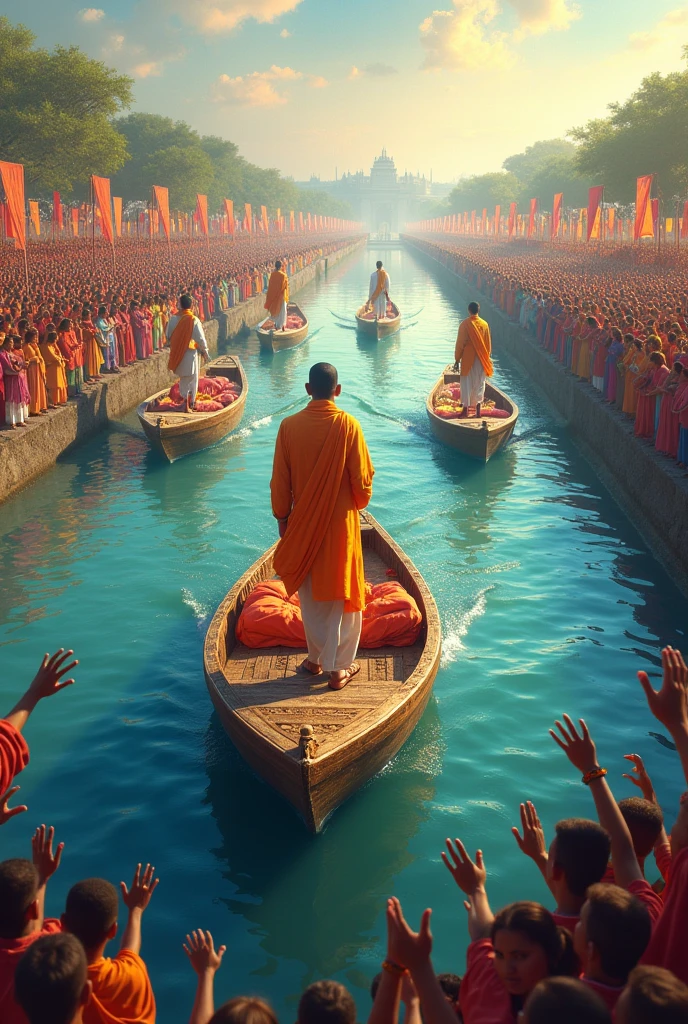 To clarify, you're asking for an image that depicts 5-7 boats passing through the middle of a river with a figure named Gopal Tagore on one of the boats. Additionally, there are thousands of Gopal devotees on both sides of the river. Is that correct?