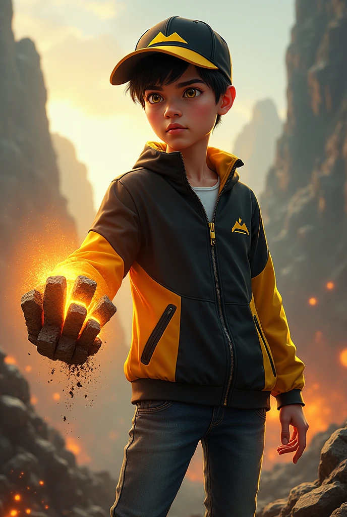 a young real teenage age . 15 Malaysia Indonesia. (Yello eyes) . wearing an (black yellow ) zip-up shirt, (black yellow ) cap with small (mountain) logo, detailed face, cinematic lighting, dramatic atmosphere, vibrant colors, 8k, high quality, photorealistic. Hero suit. (Soil)come from his hand.big gaunlet made from rock color black yellow glowing .jeans pants. Very strong. Future design dress. Very epic