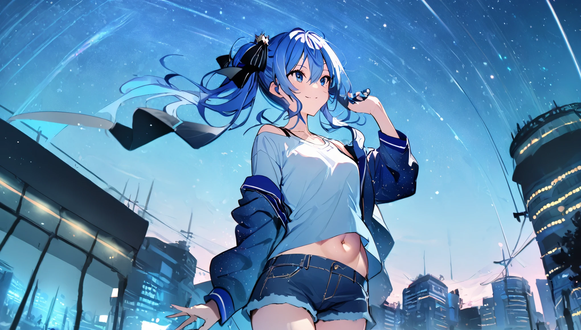 (8k、Best image quality、highest quality、masterpiece)、Detailed face、 1girl、Blue Hair、Long Hair、sideponytail、dark_blue_eyes、smile,(navel:0.6),Moderate_torso、small_breasts,((White T-shirt))、Off the shoulder、Black shoulder straps、(open_front_denim_short_shorts:1.2)、Shoot from below、City Background, starry_sky_landscape ,hoshimachi suisei, slender,(covered_nipples:0.3), (belly button:1.2),nihil,solo,stargaze,girl_looking_up_sky,(abs:0.6),(cherryblossom_background:0.5)