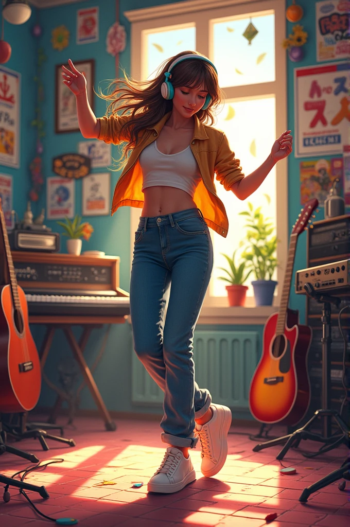 A music room with a girl wearing a headset and dancing