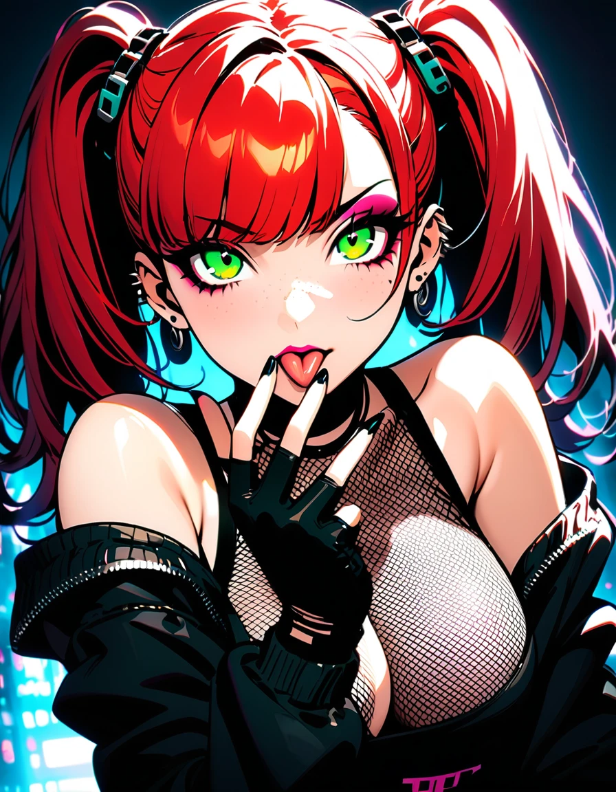 woman, curly red hair in pig tails, green eyes, eye shadow, black hoodie, black finger-less gloves, exposed shoulders, large breasts, freckles, cleavage, fishnet undershirt, looking at viewer, Holo-Punk Style, goth, earrings, eyelashes, makeup, solo, tattoo, punk aesthetic, cinematic lighting, masterpiece, best quality, face close up, sticking tongue out, split tongue, two fingers