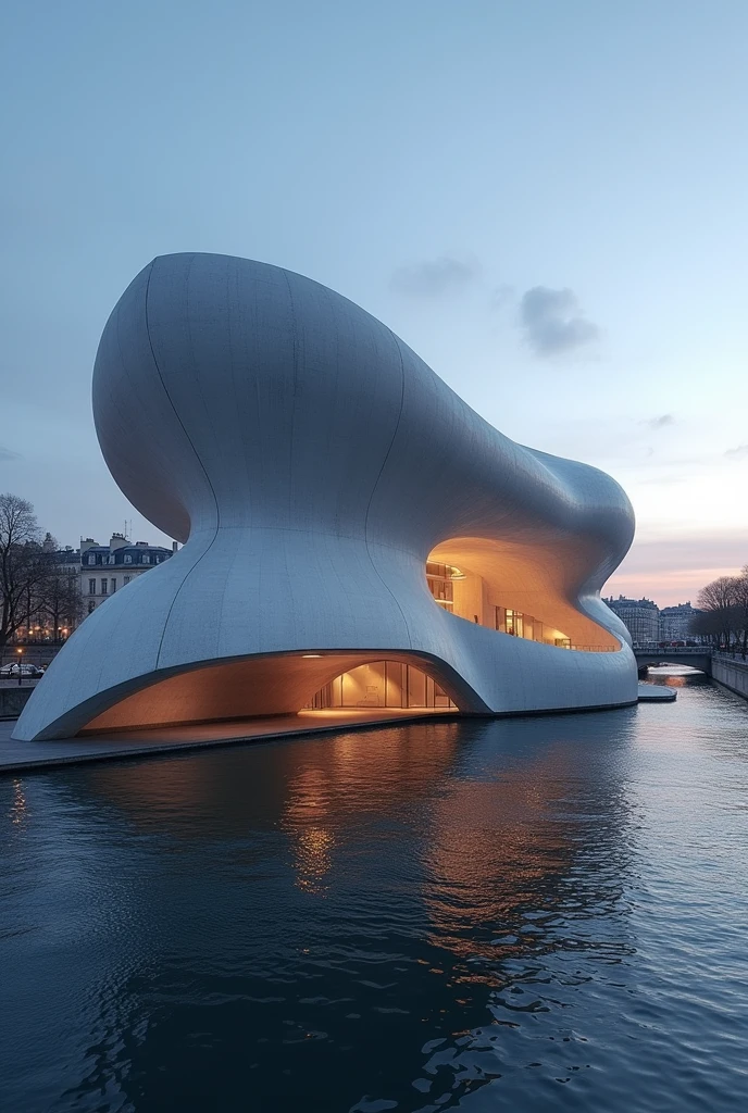 Artistic photographic image of a Museum designed by Tadao Ando, inspired by the form of a blue sea dragon, located in the heart of Paris BY THE RIVER. The design is modern yet minimalist, featuring smooth concrete surfaces and fluid, curved lines. The scene is set at sunset, with dramatic, cinematic lighting that enhances the complex play of shadows and illumination on the building’s surfaces. The backdrop is a Parisian cityscape, with the building standing out as a striking, sculptural centerpiece against the evening sky."