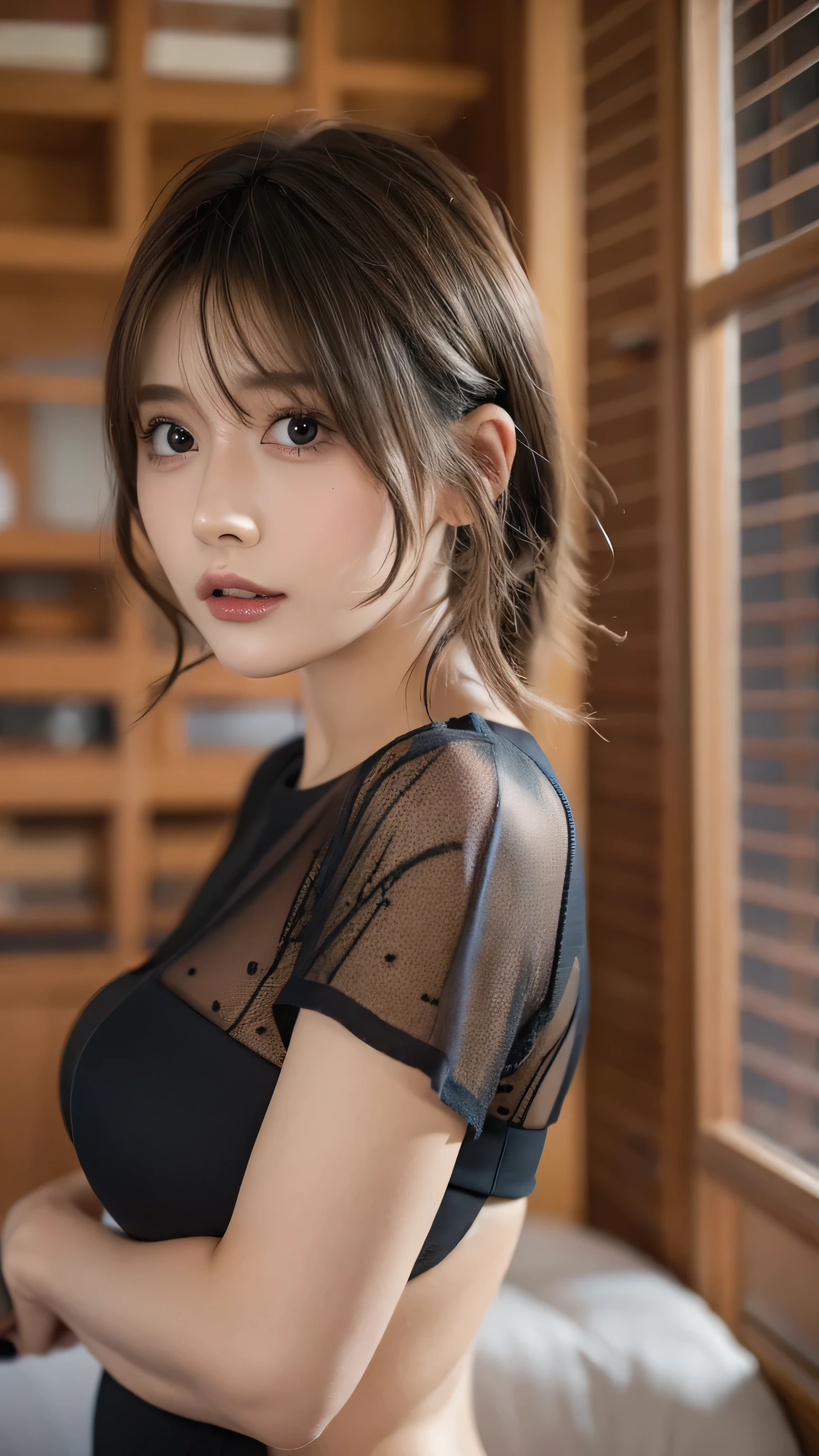 Ultra-high resolution, Superior Quality, Highest quality, Very detailed, Realistic, 8k, RAW Photos, Highest quality, masterpiece, Charm, wonderful, Black short hair, Asymmetrical bangs, Japanese Idols, Sophisticated, stylish, Sheer shirt:1.0,Skinny Bottoms,Tiny pores