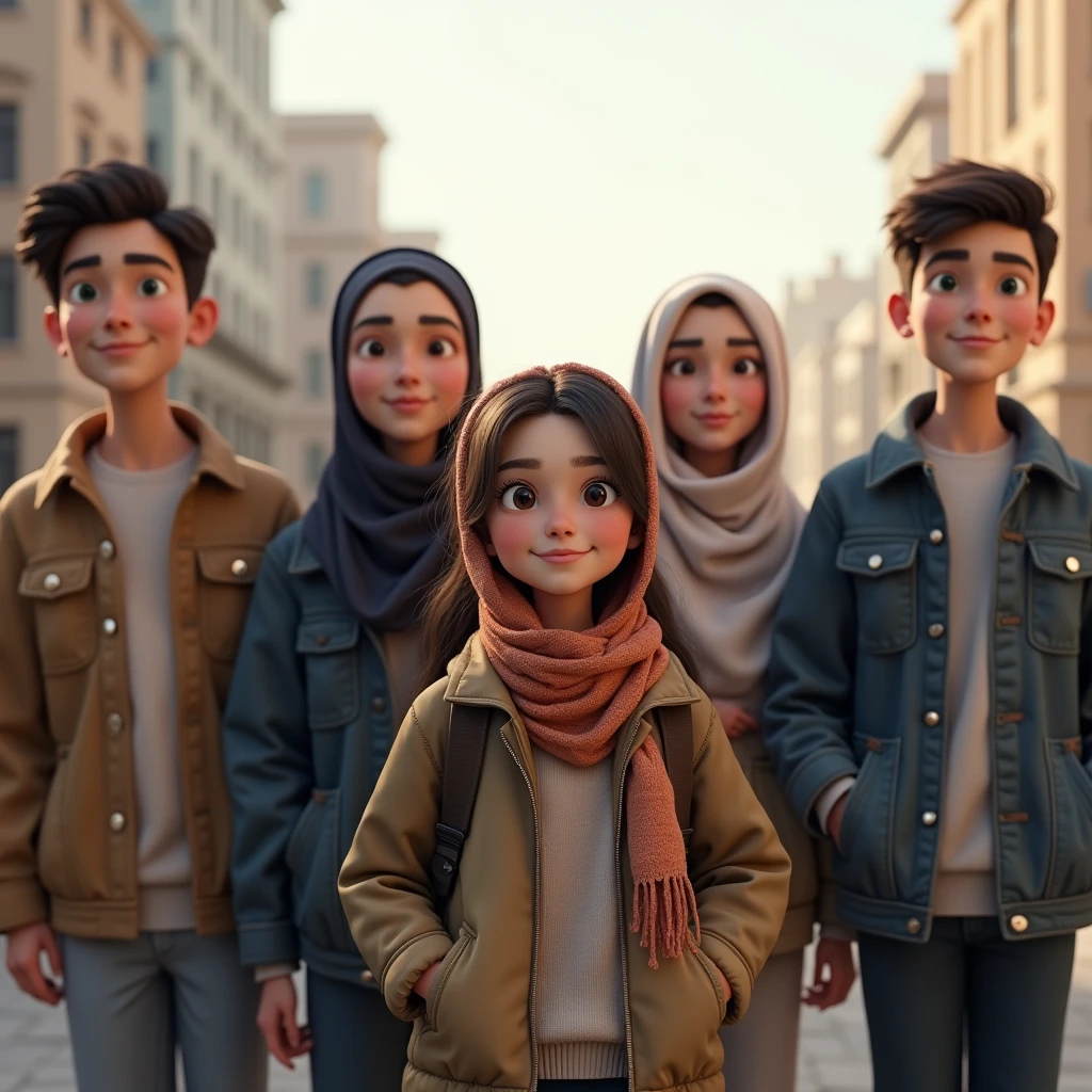 ((3 hijabless man wear jacket), (2 hijabbed woman), (1 hijabless age girl)) people, casual fashion, happy expression, just concentrate, white skin people, crowdless, extreme detail, masterpiece, 4k, gaming character, 3D character, proportional, cinematic lighting