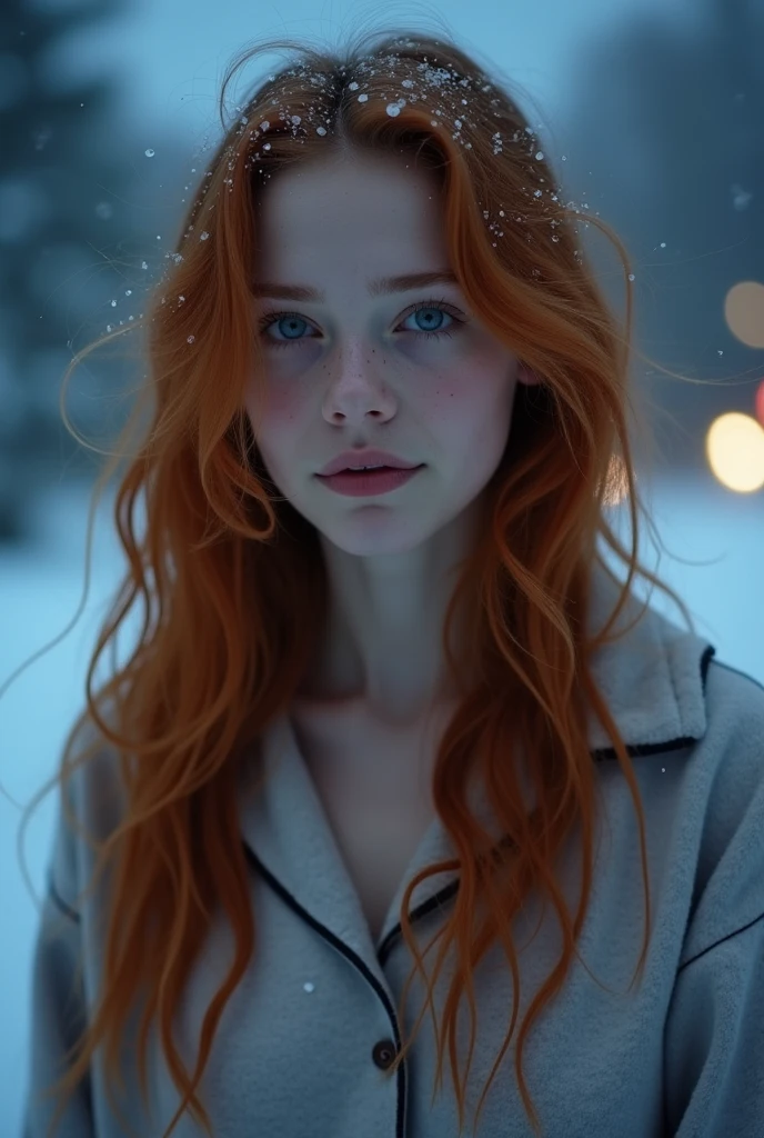 (Mackenzie Foy teen girl, ginger hair, ) (long messy hair:1.3), blue eyes, detailed eyes, detailed lips, (pajamas), (stunning locations at night with mist and fog, snow:1,3), night photo, (photo from many different angles:1.5), small neckline, ray tracing,(best quality,4k,8k,highres,masterpiece:1.2),ultra-detailed, (realistic,photorealistic,photo-realistic:1.37), HDR, UHD, masterpiece, professional, vivid colors, bokeh, studio lighting,nsfw