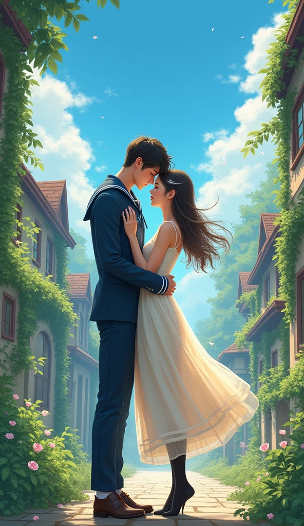 (masterpiece), town, blue sky, Sailor suit、Long skirt, Overgrown, petal, plant、Skirt lining、Translucent slip、nostalgic、Black Pantyhose、man and woman kissing