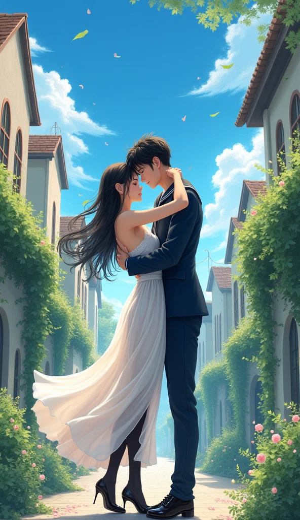(masterpiece), town, blue sky, Sailor suit、Long skirt, Overgrown, petal, plant、Skirt lining、Translucent slip、nostalgic、Black hose、man and woman kissing