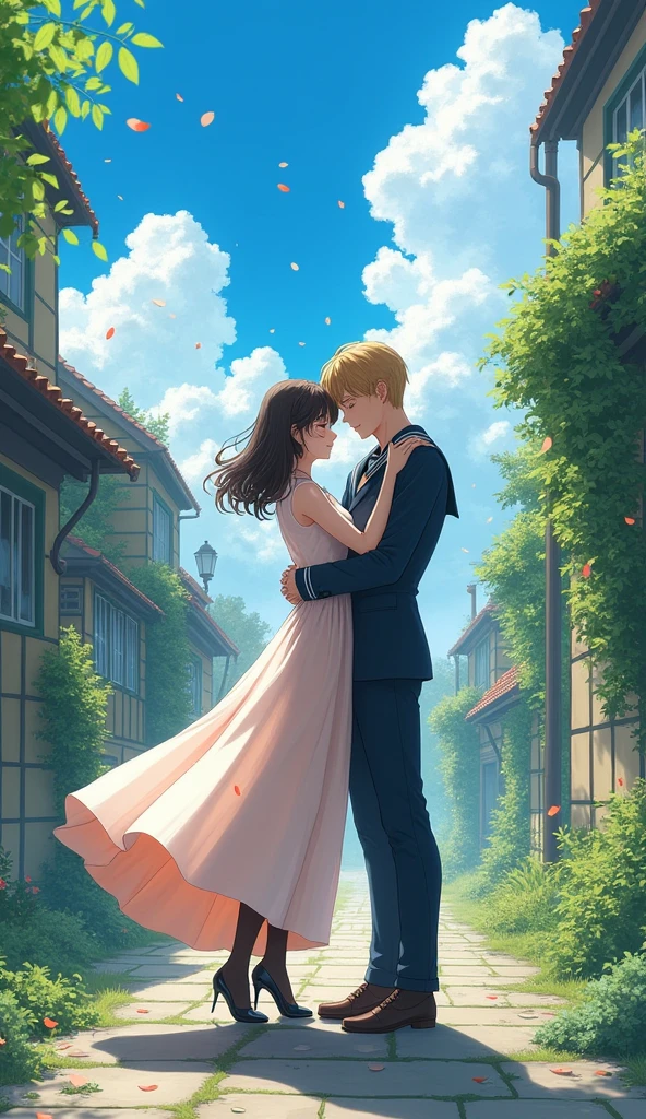 (masterpiece), town, blue sky, Sailor suit、Long skirt, Overgrown, petal, plant、Skirt lining、Translucent slip、nostalgic、Black Pantyhose、man and woman kissing