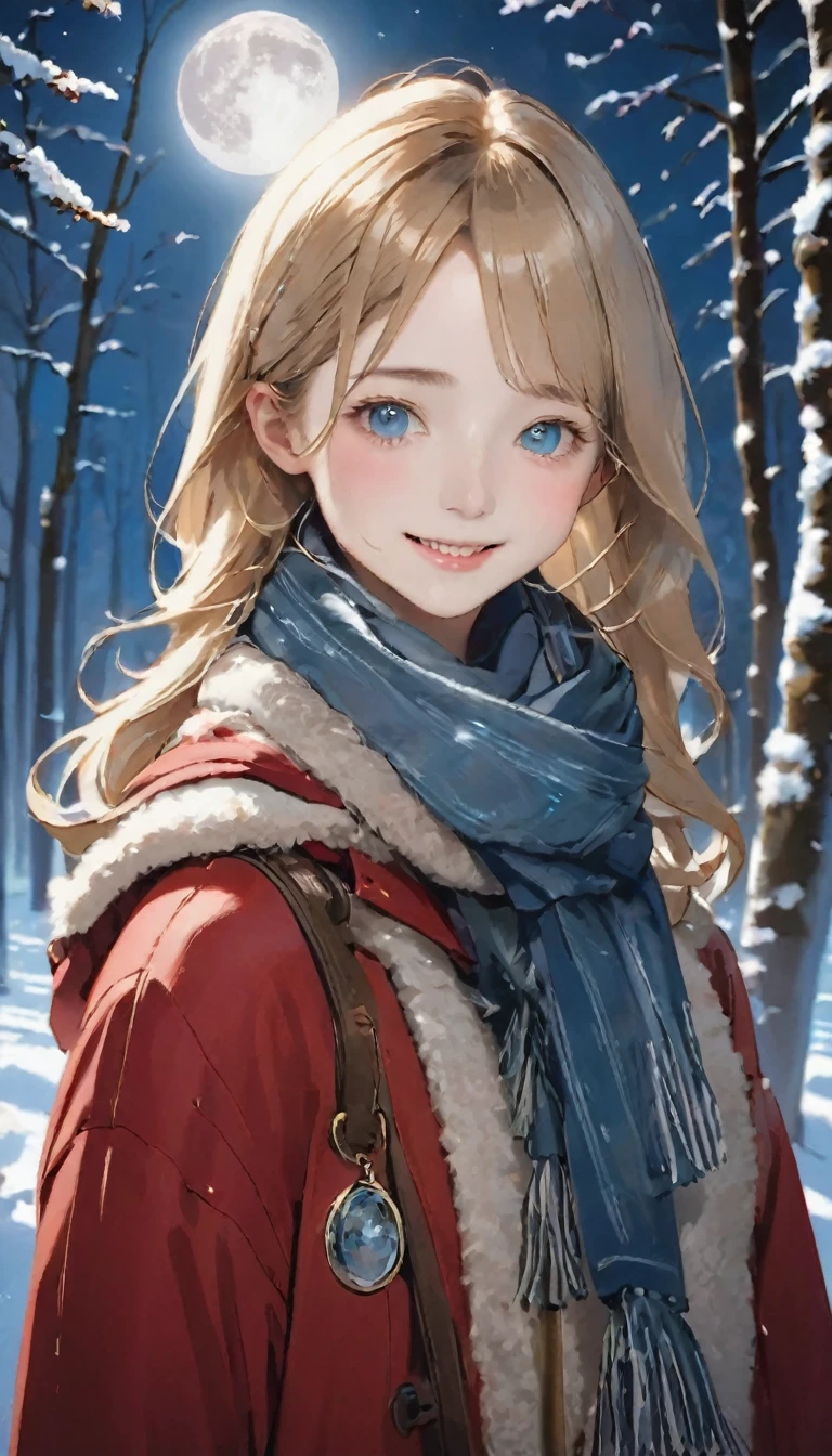 RAW Photos、Realistic、Highest quality、masterpiece、、Wearing a red duffle coat、Luxury brand duffle coat、Bright brown scarf、((scarf hair:1.3))、Cold Night、Red cheeks、I breathe、Diamond dust、月明かりに輝くDiamond dust、Deep in the forest、Full moon night、かわいいface、Very detailed_face_eye、Cute Japan 20 years old、Smile