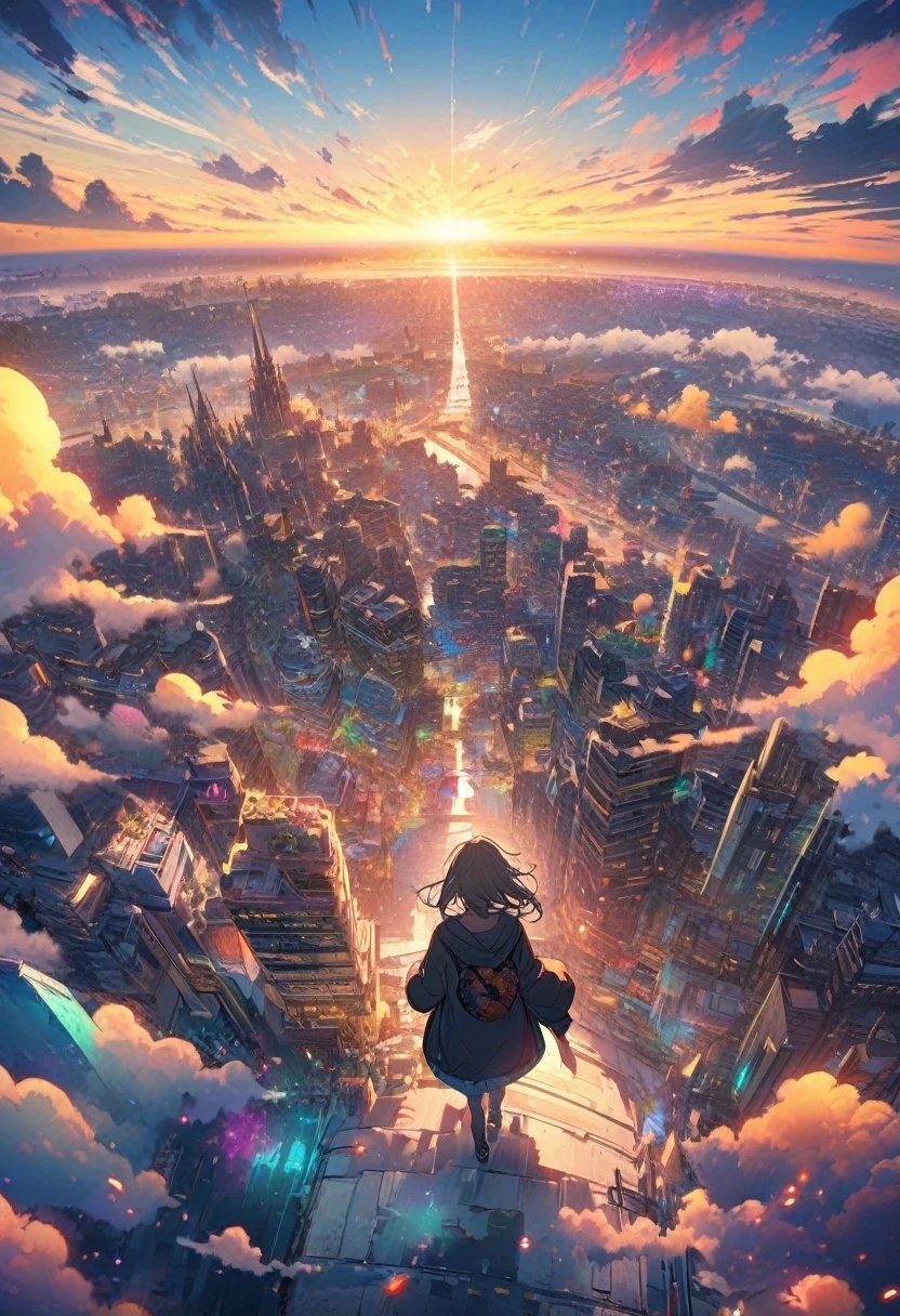 Create exquisite illustrations reminiscent of Makoto Shinkai's style, It has ultra-fine details and top-notch quality. angelic, detailed woman who is walking, woman wearing hoodie,  highest billding in city, road, sunrise, horizon, skyline, in the sky, city of clouds, colorful, high-res, 8K