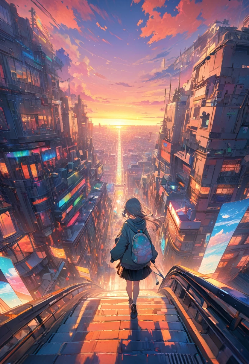 Create exquisite illustrations reminiscent of Makoto Shinkai's style, It has ultra-fine details and top-notch quality. angelic, detailed woman who is walking, woman wearing hoodie, highest billding in city, road, sunrise, horizon, skyline, in the sky, city of clouds, colorful, high-res, 8K